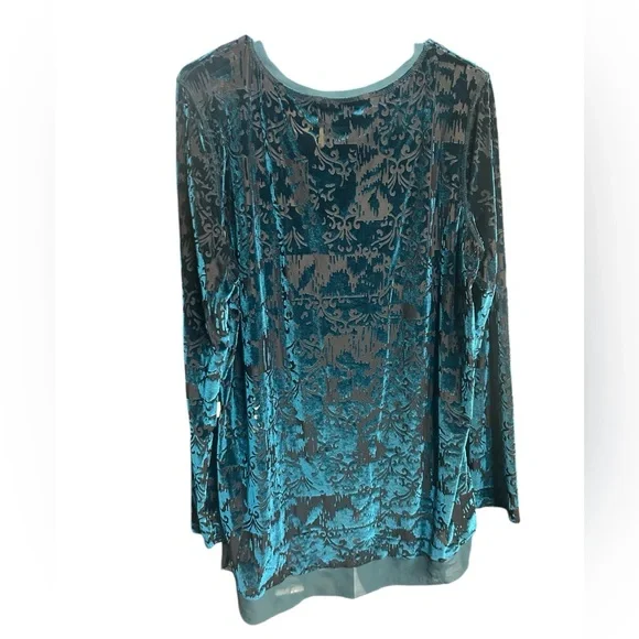 Simply Vera Vera Wang Teal Sheer & Velvet Long Sleeve Top - Picture 2 of 3